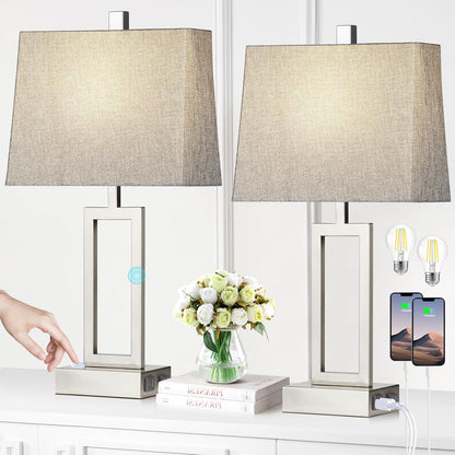 23.5" Touch Control Table Lamps Set of 2, Modern Silver Bedside Lamps with USB A+C Ports & AC Outlet, 3 Way Dimmable Contemporary Nightstand Lamps for Bedroom Living Room(2 LED Bulb Included)8