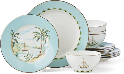 British Colonial Tradewind Porcelain 12-Piece Dinnerware Set for 41