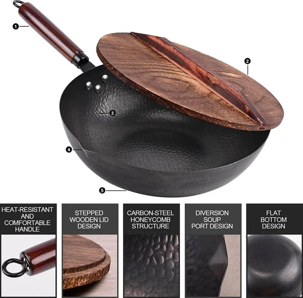 12.8" Carbon Steel Wok,11 Pcs Woks & Stir Fry Pans Wok Pan with Lid | Pre-Seasoned No Chemical Coated Chinese Pan with 10 Cookware Accessories, Flat Bottom Woks for Electric, Induction,Gas Stoves2