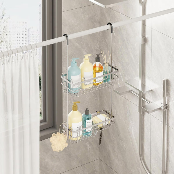 over the Door Shower Caddy - 2-Tier Hanging Shower Organizer with Soap Holder, Rustproof Bathroom Storage and Organizer Rack for Shampoo, Towels, and Toiletries, Sand Nickel2