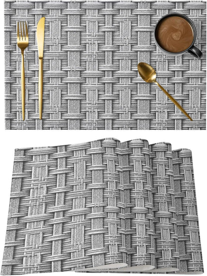 Woven Basket Placemats Set of 6 Rustic Minimalist Slate Gray Textured Weave Lattice 13X19 Inch Washable Non Slip Linen Table Mats, Placemats for Dining Table Party Kitchen Decor1