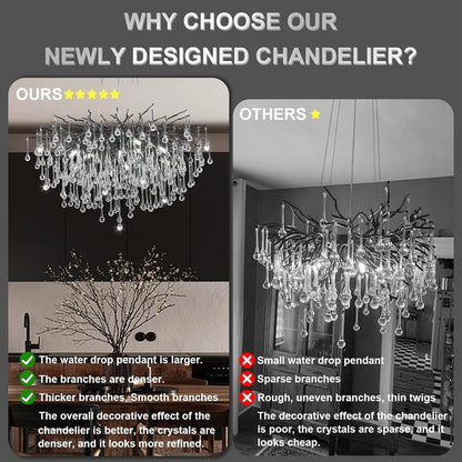 Chandeliers for Dining Room - 23.6" Modern Black Crystal Chandelier, round Tree Branch Raindrop Chandelier, Foyer Chandeliers for Entryway, Living Room,Bedrooms,Bathroom(Bulb Not Included)3