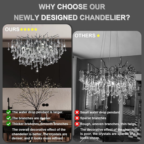 Chandeliers for Dining Room - 23.6" Modern Black Crystal Chandelier, round Tree Branch Raindrop Chandelier, Foyer Chandeliers for Entryway, Living Room,Bedrooms,Bathroom(Bulb Not Included)3