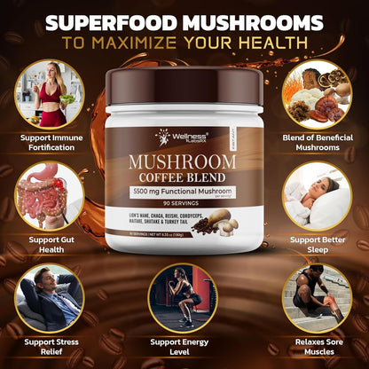Organic Mushroom Coffee Instant, 7 Superfood Mushroom Blend, 90 Servings | Lions Mane, Chaga, Reishi, Cordyceps, Maitake, Shiitake & Turkey Tail, Colombian Roast, Keto Coffee, Smooth Taste, 1 Pack3