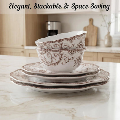 Adelaide Brown on White 12-Piece Dinnerware Set – Service for 4, Big Dinner Plates and Bowls Sets,Durable Porcelain, Microwave and Dishwasher Safe, for Everyday Dining & Entertainment7