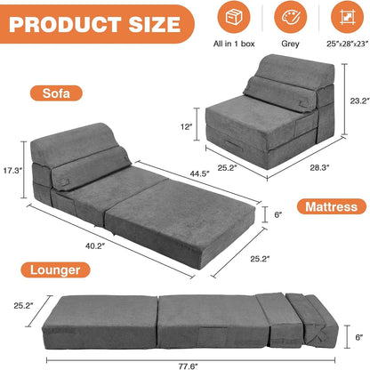 Folding Sofa Bed Sleep Sofa, 3-In-1 Convertible Sleeper Chair, Gery3