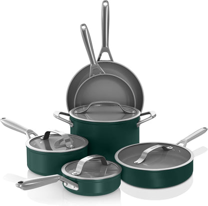 Ninja Ceramic Pro 10-Piece Cookware Set, Nonstick Pots & Pans Set with Glass Lids, Nontoxic, PTFE Free, Ceramic Coated, Oven Safe, All Stovetops & Induction Compatible, British Racing Green, CW39010GN1
