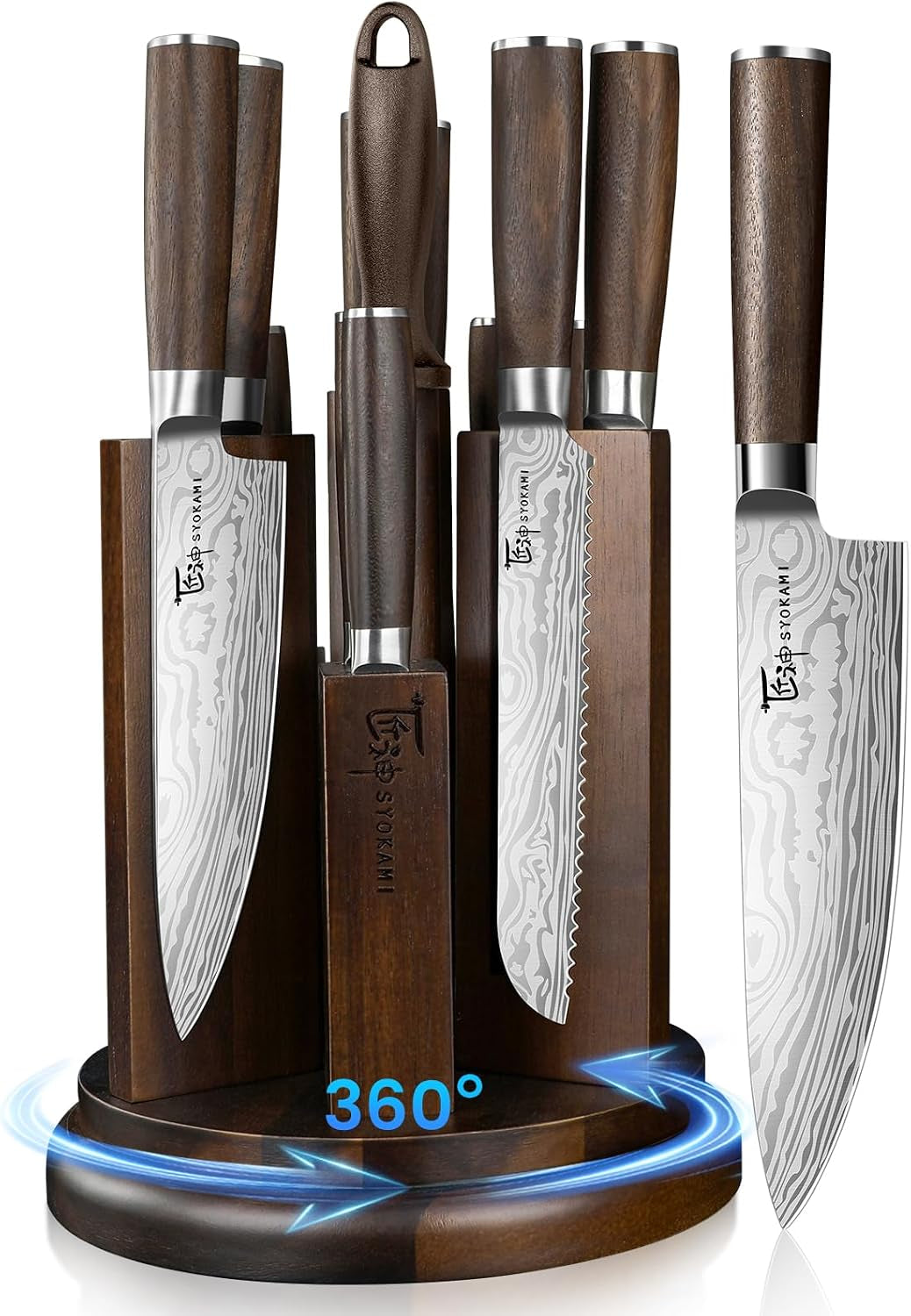 14-piece-kitchen-knife-set-with-magnetic-block-new-for-2026-360-rotatable-block-japanese-style-chef-knife-steak-knife-set-with-sharpener-wood-handle-damascus-pattern-ideal-gift