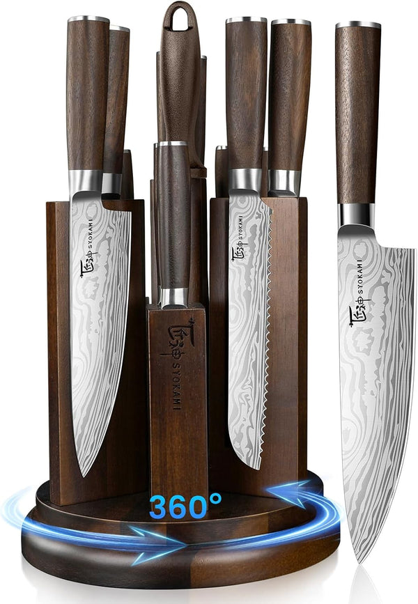 14-Piece Kitchen Knife Set with Magnetic Block, New for 2026 | 360° Rotatable Block, Japanese Style Chef Knife & Steak Knife Set with Sharpener, Wood Handle, Damascus Pattern, Ideal Gift1