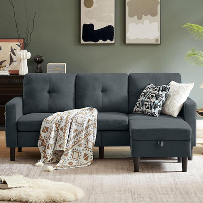 80" Convertible Sectional Sofa Couch with Movable Ottoman, 3 Seats Sectional Sofas L Shaped Couch for Small Spaces, Soft Fabric Couch for Living Room (Dark Grey)3
