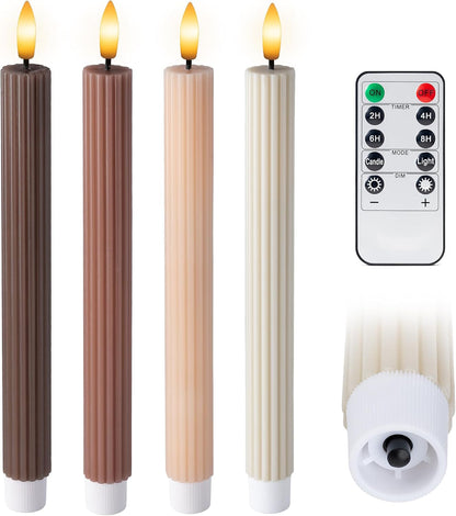 Mocha Brown Coordinated Chocolatey 4 Pack, 10" Real Wax LED Flameless Fluted Ribbed Grooved Taper Candles, Remote & Timer Memory, On/Off Button, Dimmable, Battery Operated, Menorah Wedding2