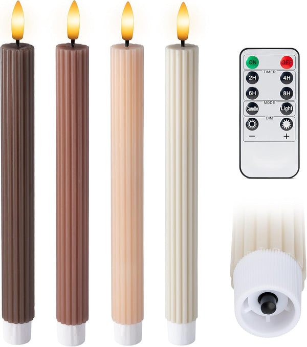 Mocha Brown Coordinated Chocolatey 4 Pack, 10" Real Wax LED Flameless Fluted Ribbed Grooved Taper Candles, Remote & Timer Memory, On/Off Button, Dimmable, Battery Operated, Menorah Wedding2