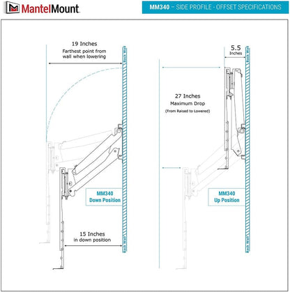 '- MM340 above Fireplace Pull down TV Mount- Televisions 44" to 80" up to 90 Lbs - Safe Auto-Adjusting TV Mounts - Patented Motion Stops, Handles, Balancing Technology - Superior Steel9