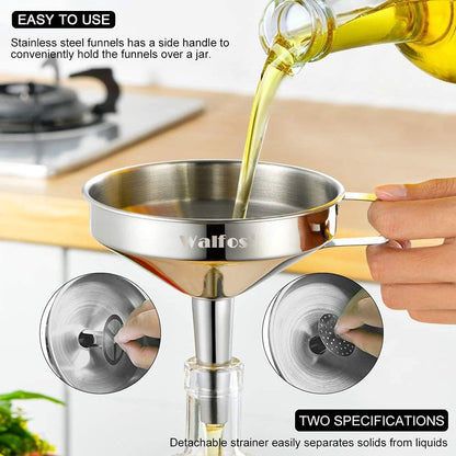 Stainless Steel Funnel,  3 Pack Kitchen Funnel with 2 Removable Strainer ＆ 1Pcs Cleaning Brush, Perfect for Transferring of Liquid, Oils, Jam, Dry Ingredients & Powder3