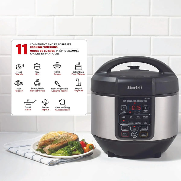 8L Electric Pressure Cooker, 11 Preset Functions, Black | Family-Size Capacity. 11 Preset Functions. Fast Cooking. Sauté, Steam & Slow Cook. Built-In Safety Features.5