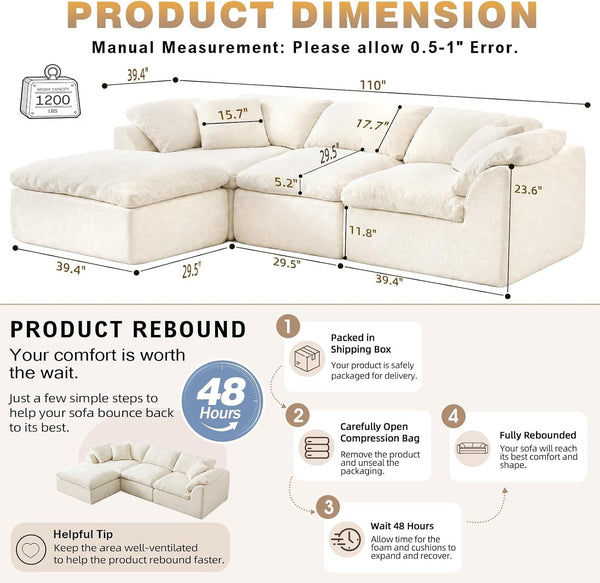 110" Boneless Cloud Couch Sectional for Living Room, Oversized Modular L Shaped Sofa with Ottoman, Deep Seat Chenille Sectional Couch for Cloud-Like Comfort (Beige)3