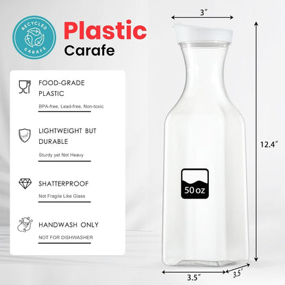 Plastic 50 Oz Water Carafe with Flip Top Lid, Set of 2 Square Base Juice Containers, Clear Plastic Pitcher - for Water, Iced Tea, Juice, Beverage, Cold Brew and Mimosa Bar - HAND WASH ONLY2