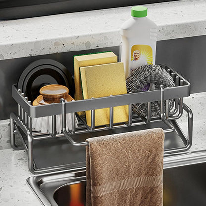 Kitchen Sink Caddy Organzier, Sponge Holder with Auto Drain Tray, Detachable Towel Rack, Rustproof Stainless Kitchen Countertop Soap Dispenser Organizer -Gray2