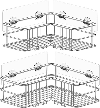 2 Pack Corner Shower Caddy, Adhesive Bathroom Shelf with 8 Hooks, Rustproof Stainless Steel Bathroom Organizer, No Drilling Shower Shelves Basket Wall Storage Rack Shampoo Holder (Silver)1