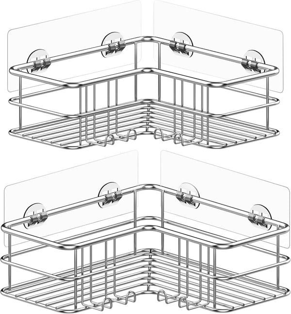 2 Pack Corner Shower Caddy, Adhesive Bathroom Shelf with 8 Hooks, Rustproof Stainless Steel Bathroom Organizer, No Drilling Shower Shelves Basket Wall Storage Rack Shampoo Holder (Silver)1