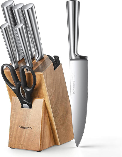 Knife Set 7 Piece German Steel Kitchen Knife Block Set | Wooden Block with Built-In Sharpener, One-Piece Design, Counter Space Save, for Apartment & Modern Kitchen, Cooking & Gift1