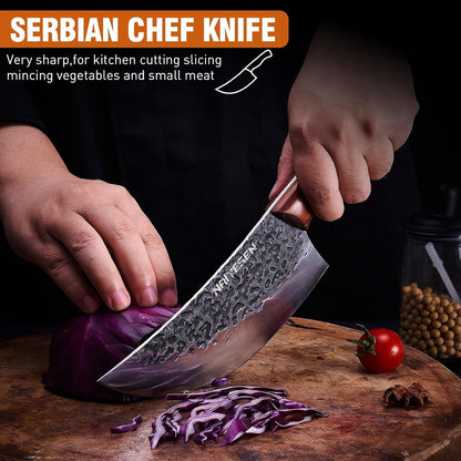 4PCS Butcher Knife and Kitchen Knife Set with Gift Box | Hand Forged Heavy Duty Meat Cleaver, Meat Knife, Serbian Chef Knife, Boning Knife Very Sharp for Meat Cutting Cooking BBQ4