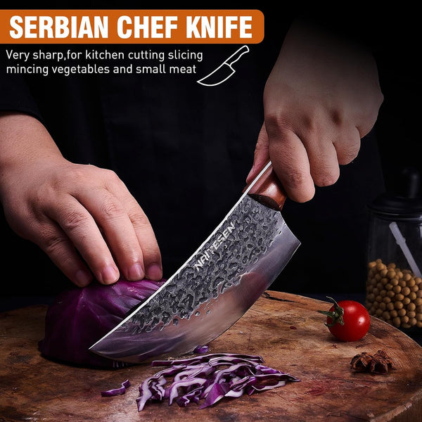 4PCS Butcher Knife and Kitchen Knife Set with Gift Box | Hand Forged Heavy Duty Meat Cleaver, Meat Knife, Serbian Chef Knife, Boning Knife Very Sharp for Meat Cutting Cooking BBQ4