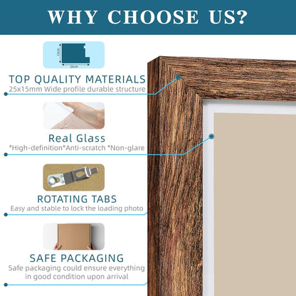8X10 Picture Frame Set of 4, Made of Real Glass and Rustic Brown Wooden Frame, 8 by 10 Photo for Wall or Tabletop - Display Picture 5X7 with Mat or 8X10 without Mat6