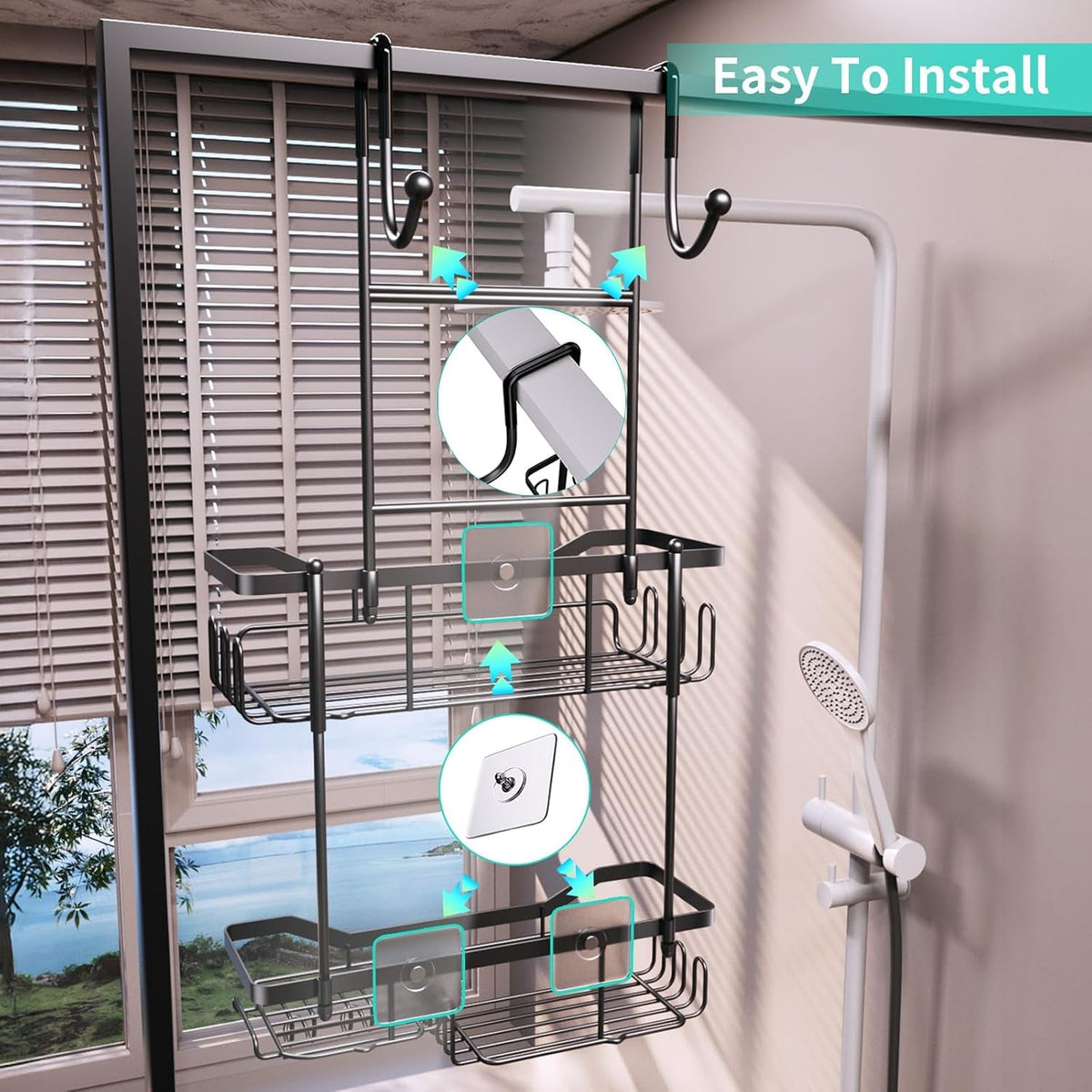 hanging-shower-caddy-over-the-door-with-soap-holder-no-drilling-adhesive-shower-organizer-with-11-hooks-rustproof-waterproof-304-stainless-steel-bathroom-shelves-black