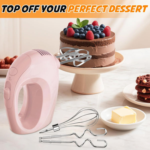 Electric Hand Mixer with 5 Stainless Steel Whisks,5 Speed,Pink | Portable Kitchen Mixer Electric Whisk, Food Beater for Whipping Mixing Cookies5