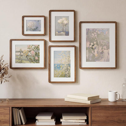 6X8 Picture Frame, Solid Walnut Wood Frame with Real Glass, 6 by 8 Rounded Corner Frame for Tabletop or Wall Display, 6X8 Picture Frame Matted to 5X7, Natural Walnut,Set of 12
