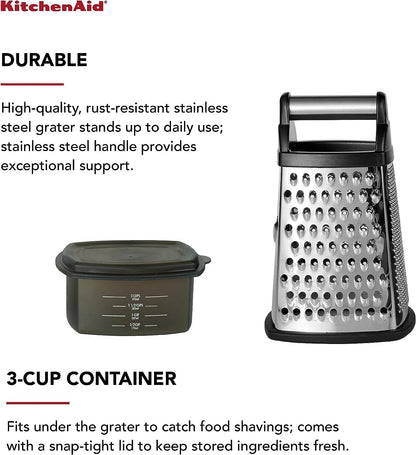 Kitchenaid Gourmet Box Grater with Detachable Measuring Container and Lid, Stainless Steel Coarse Medium Fine Grater and Slicer, Dishwasher Safe, Black3