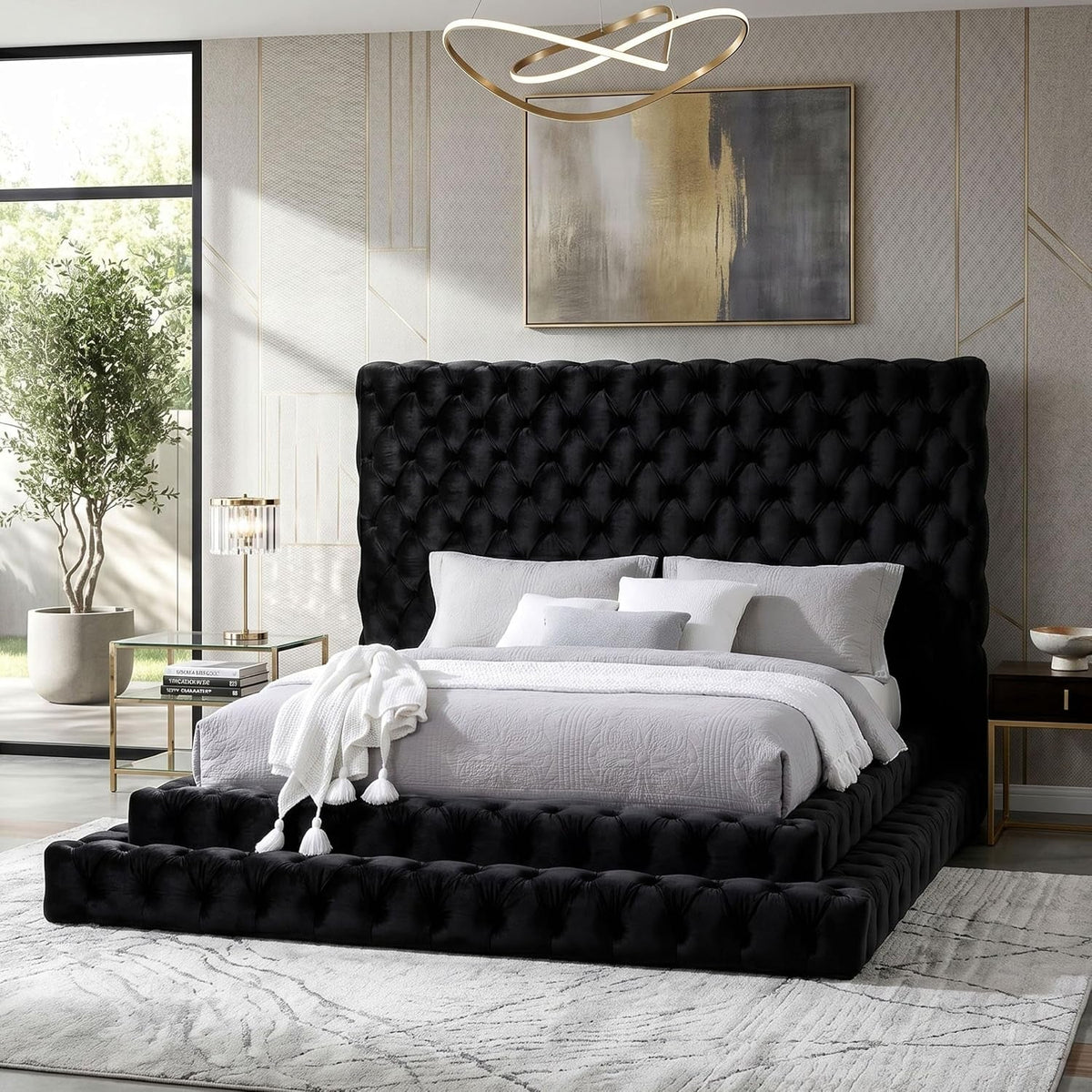 sable-fabric-upholstered-step-up-king-size-platform-bed-with-oversized-headboard-deep-button-tufting-no-box-spring-required-for-bedroom-guest-room-black
