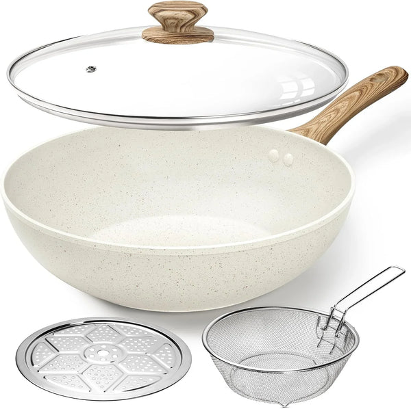 12 Inch Wok Pan with Lid - Woks & Stir-Fry Pans Nonstick Wok with Lid, Stir Fry Pan with Cool-Touch Handle, Induction Wok Set with Stainless Steamer & Fryer Basket1