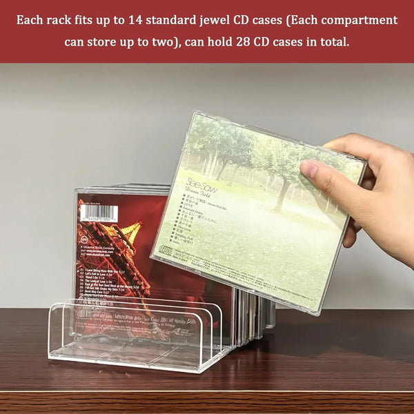 2 Pcs Clear Acrylic CD Holder, DVD/CD Display Rack & CD Storage Box & Vinyl Record Storage Stand Holds up to 14 Standard CD Cases for Media Shelf Storage and Organization3