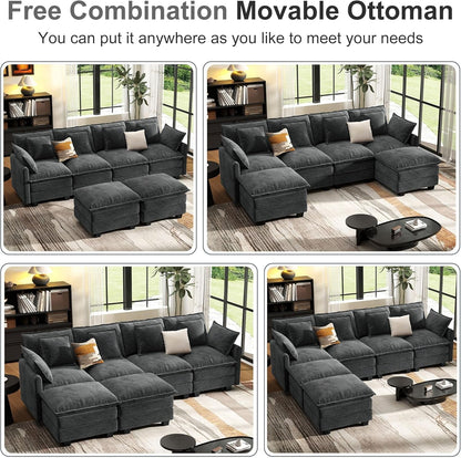 107" Cloud Couch Sectional Modular Sofa, Deep Seat Couches with Ottoman and Removable Washable Pillows for Living Room, Bedroom, Apartment, Black6