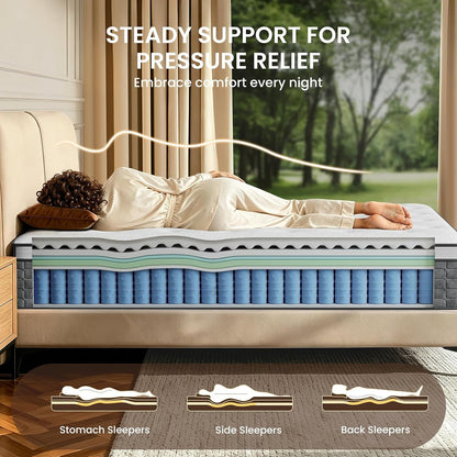 Queen Mattress 14 Inch, Medium Firm Feel, Queen Size Mattresses in Box, Individually Pocket Coils for Motion Isolation, Cooling & Comfortable Sleep with Gel Foam, Certipur-Us Certified3