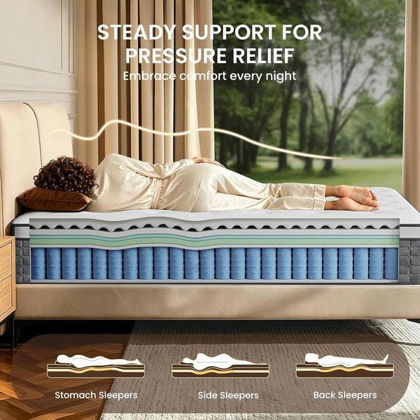 Queen Mattress 14 Inch, Medium Firm Feel, Queen Size Mattresses in Box, Individually Pocket Coils for Motion Isolation, Cooling & Comfortable Sleep with Gel Foam, Certipur-Us Certified3
