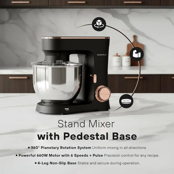 Black Electric Stand Mixer 6.8 Quart Qt, 660W, 6-Speed Adjustable, Stainless Steel Planetary, Portable, Compact & Elegant Kitchen Mixer for Baking & Cooking2