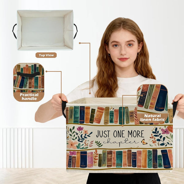 Floral Bookish Storage Box Bins, Book Lover Reader Gifts, Just One More Chapter Collapsible Storage Basket Organizer for Reading Room Corner Home Library Clothes Books2