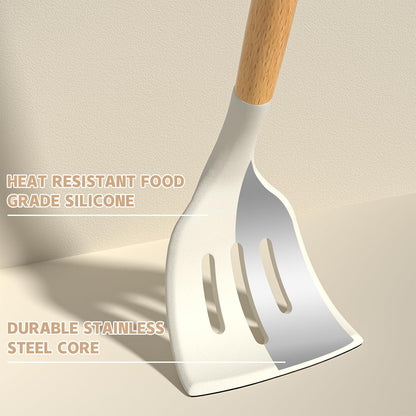 Kitchen Cooking Utensils Set, 33 Pcs Non-Stick Silicone Cooking Kitchen Utensils Spatula Set with Holder, Wooden Handle Silicone Kitchen Gadgets Utensil Set (Cream White)6