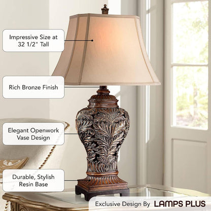 Leafwork 32 1/2" Table Lamp Large Bronze Brown Vase Cottage | Rectangular Shade Traditional Wood Living Room Bedroom Bedside Nightstand House Office Home Family Tan End3