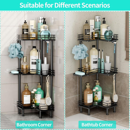 Corner Shower Caddy Standing - 3 Tier Shower Organizer Corner with Soap Holder, Rustproof Bathroom Standing Organizer with 4 Hooks, Black6