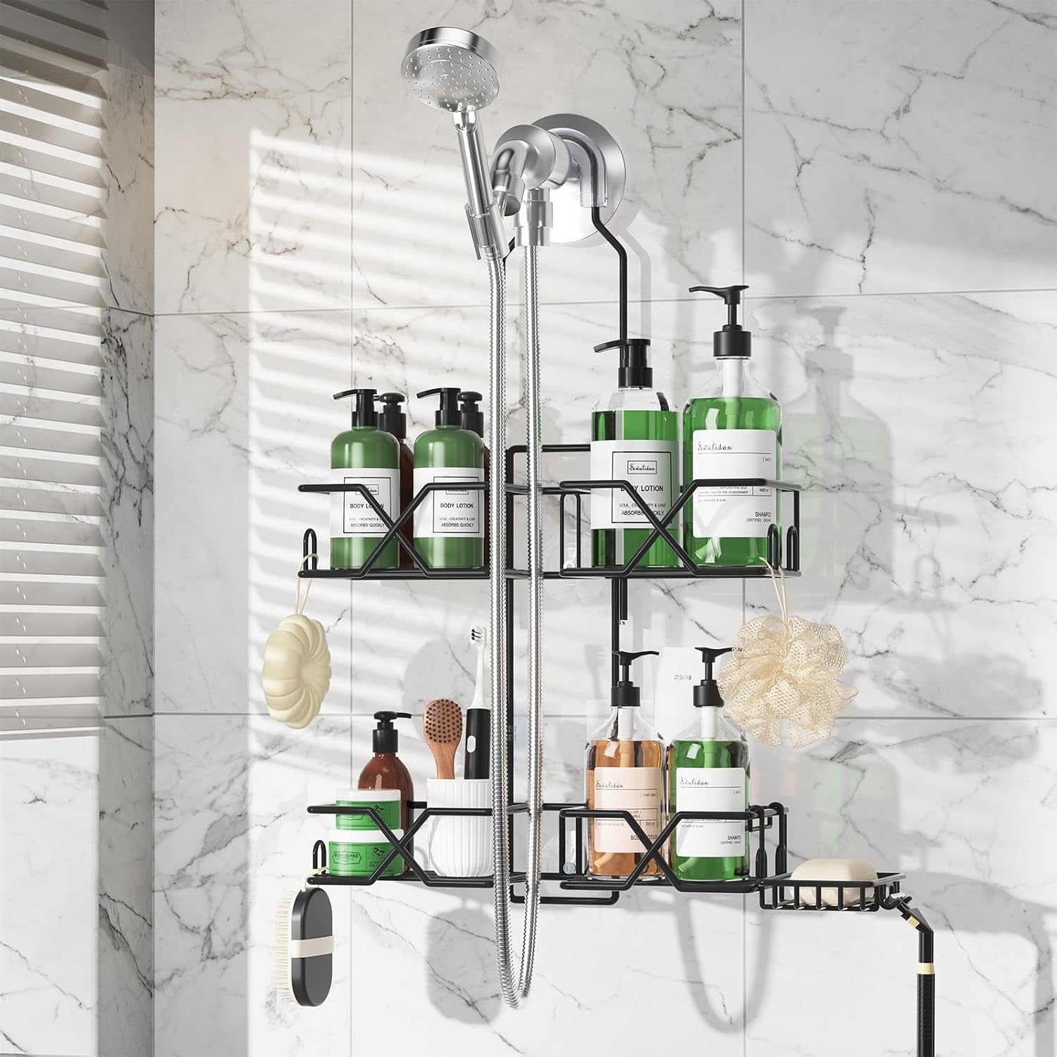 stainless-steel-hanging-shower-caddy-for-handheld-shower-heads-adjustable-height-extra-long-bathroom-shower-organizer-hanger-rack-with-hooks-soap-holder