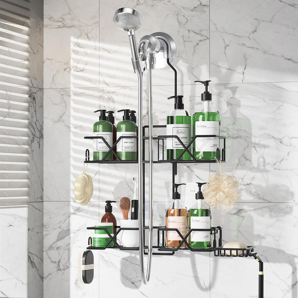Stainless Steel Hanging Shower Caddy for Handheld Shower Heads,Adjustable Height Extra Long Bathroom Shower Organizer Hanger Rack with Hooks,Soap Holder1