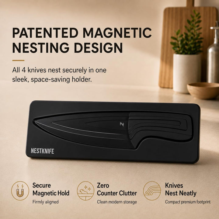 Magnetic Kitchen Knife Set - 4 Piece VG10 High Carbon Stainless Steel Kitchen Knives with Space-Saving Nesting Design & Magnetic Block - Ultra Sharp Professional Chef Knife Set+2
