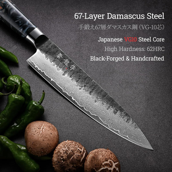 8'' Japanese Chef Knife, Razor Sharp Hand-Forged Damascus VG10 Steel Core5