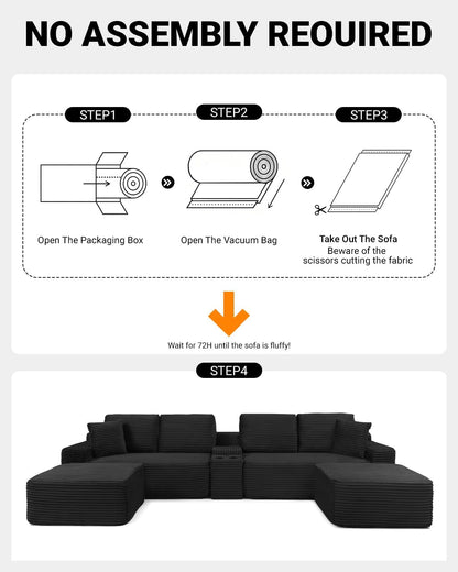 150" Oversized Modular Sectional Sofa, Deep Seat Cloud L-Shape Corduroy Couch with Cup Holders, USB Ports, Wireless Charging & Storage Box, Upholstered Modular Sleeper Sofa for Living Room (Black)6