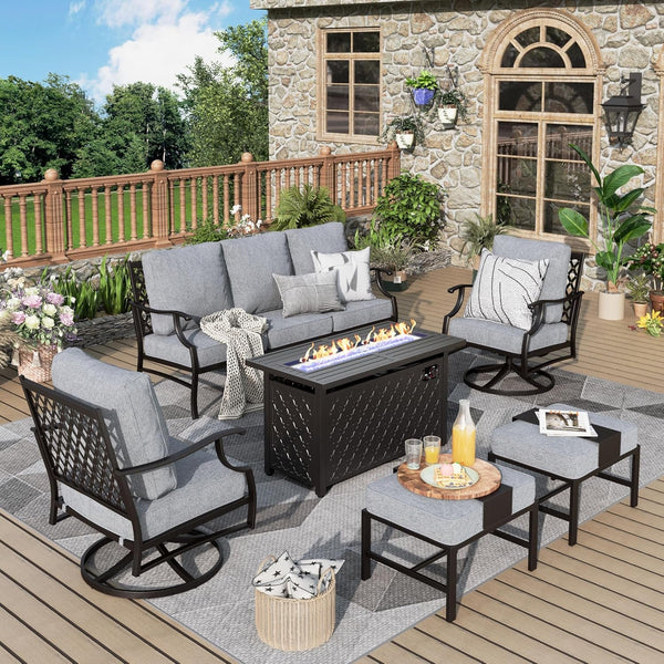6-Piece Metal Patio Conversation Set, Fire Pit Table, 2 Ottomans1