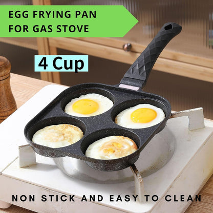 4-Cup Nonstick Egg Frying Pan Gas & Induction Omelette Skillet | Black 4-Hole Non Stick Egg Pan with 1 Spatula and 1 Brush. Perfect for Morning Pancakes, Bacon, and Quick Breakfast.3